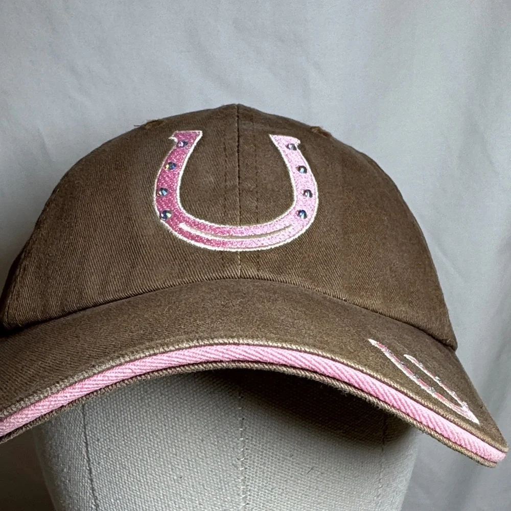 Brown Cotton Cap with Pink Horseshoe Design.